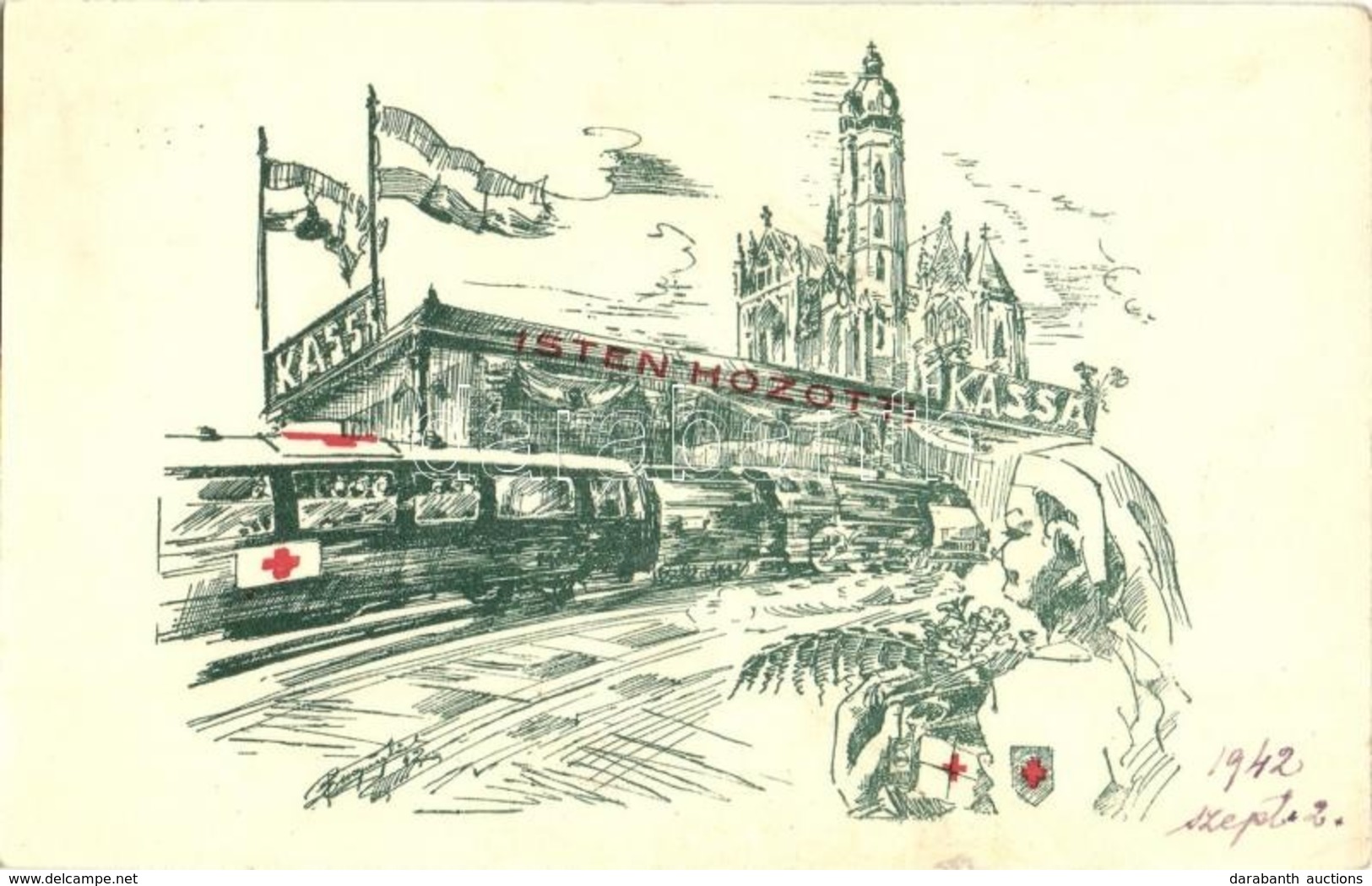T2/T3 1942 Kassa, Kosice; Vasútállomás 'Isten Hozott' Felirattal, Vöröskeresztes Vonat és Nővér. A Vöröskeresztes Munkát - Zonder Classificatie
