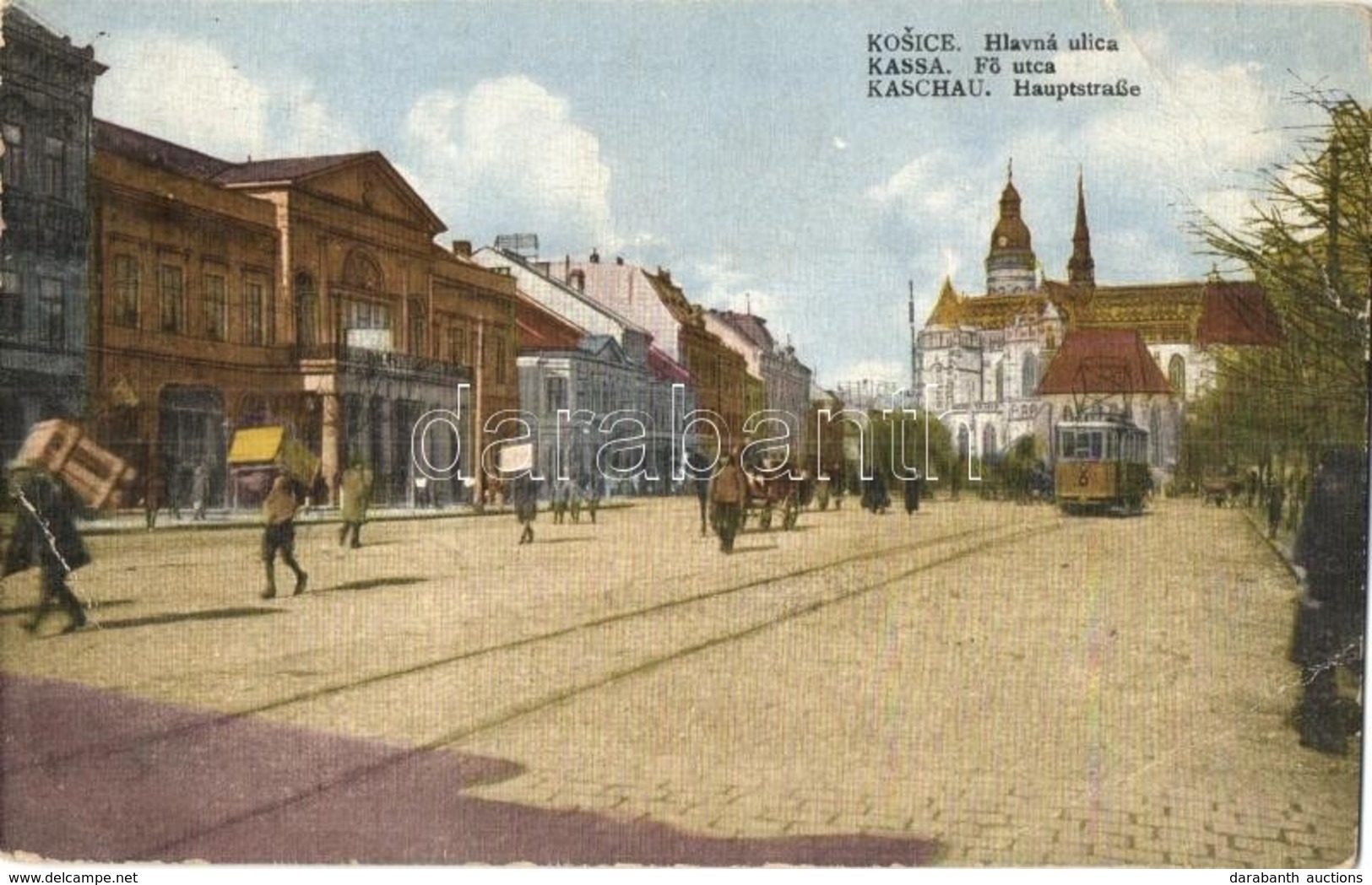 * T2/T3 Kassa, Kosice; Fő Utca, Villamos, Dobozokat Háton Cipelő Emberek / Main Street With Tram And People Carrying Big - Zonder Classificatie