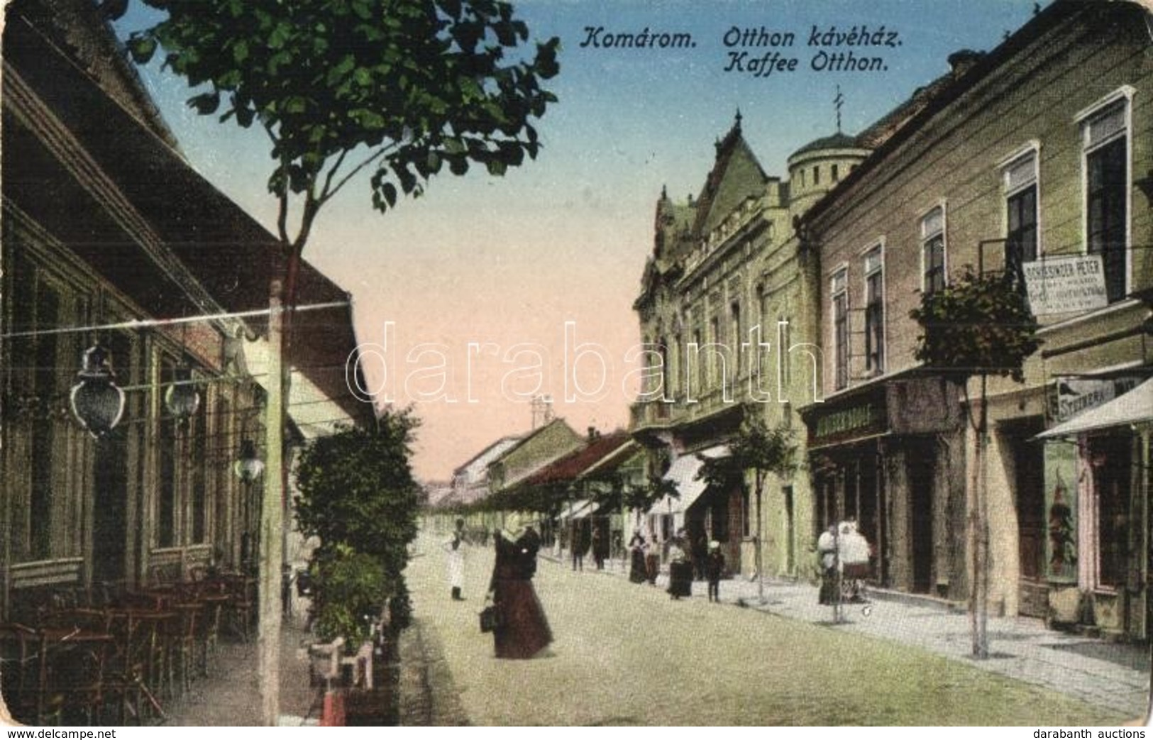 T2/T3 1921 Komárom, Komárno; Otthon Kávéház, Schlesinger Péter, Steiner és Deutsch Adolf üzlete / Cafe, Shops - Unclassified