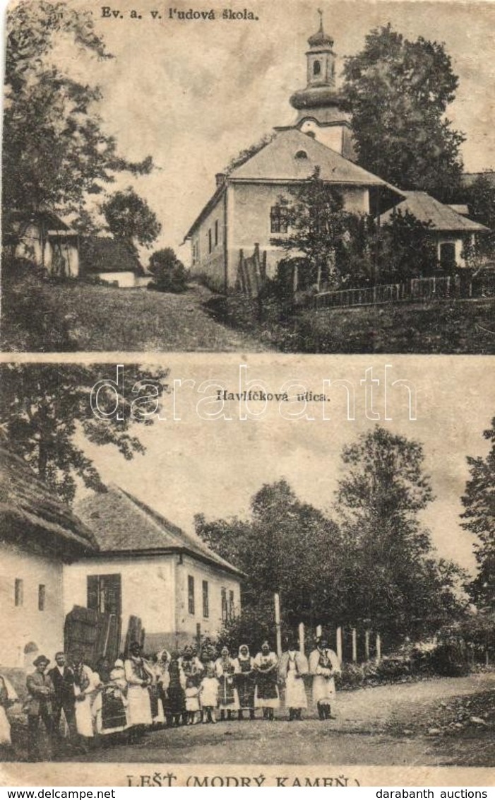 T3/T4 1928 Lest (Kékkő, Modry Kamen); Evangélikus Iskola, Utca Falubeliekkel / Ev. A.v. Ludová Skola, Havlíckova Ulica / - Zonder Classificatie