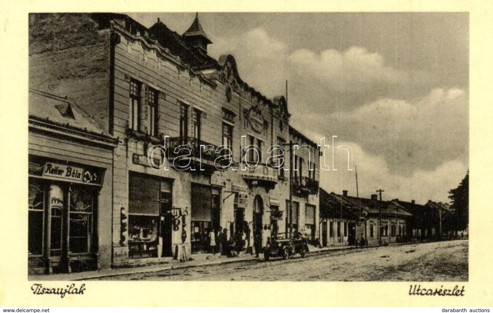 T2 Tiszaújlak, Vilok, Vylok; Utcakép, Gazdasági Bank, Reiter Béla üzlete, Automobil. Kiadja Goldstein J. / Street View,  - Ohne Zuordnung