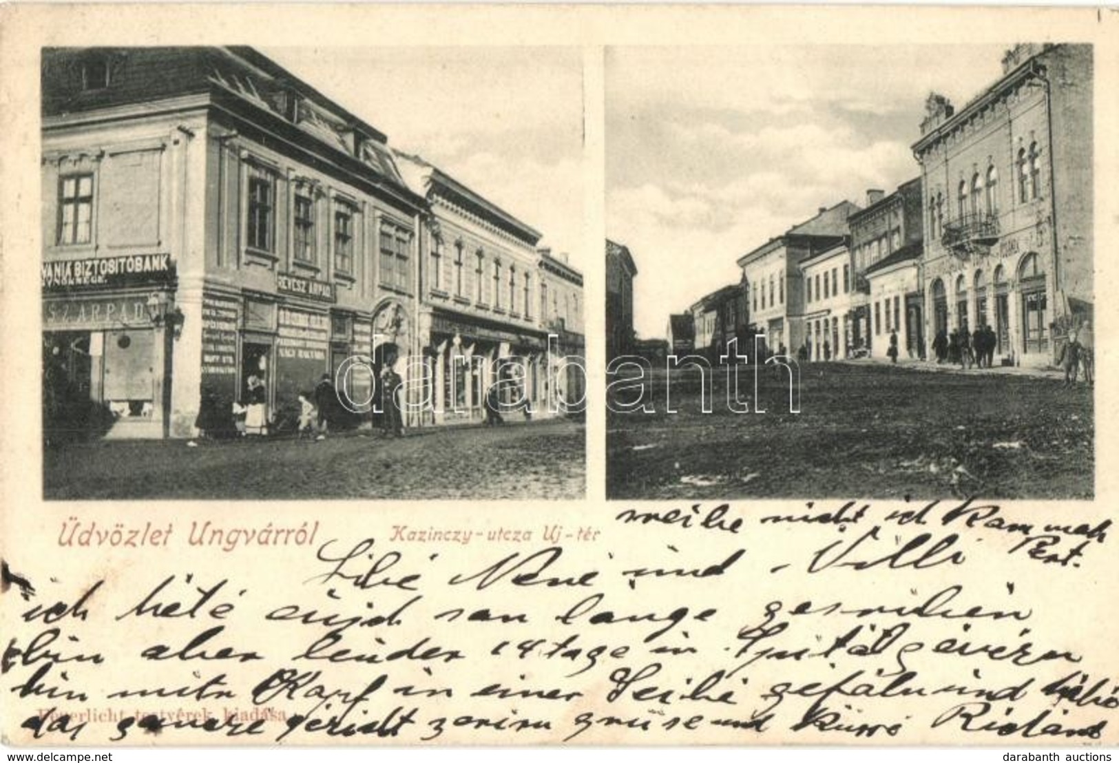 T2 1902 Ungvár, Uzshorod, Uzhorod; Kazinczy Utca, Új Tér, Biztosítóbank Főügynöksége, Révész Árpád üzlete, Sör és Borcsa - Unclassified