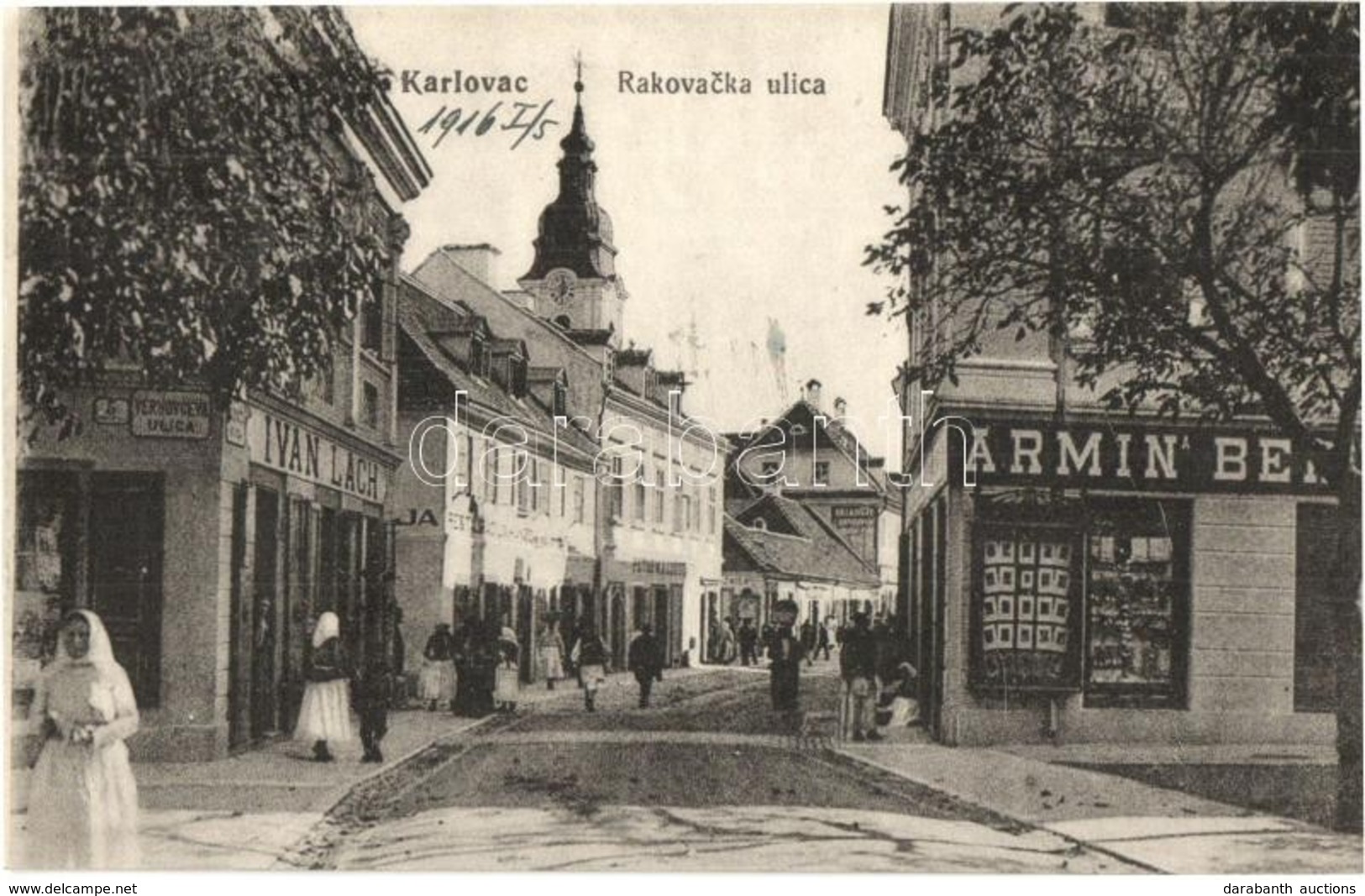 T2/T3 1916 Károlyváros, Karlovac; Rakovacka Ulica / Utcakép, Ivan Lach üzlete, étterem, Raktár. Kiadja L. Reich / Street - Unclassified