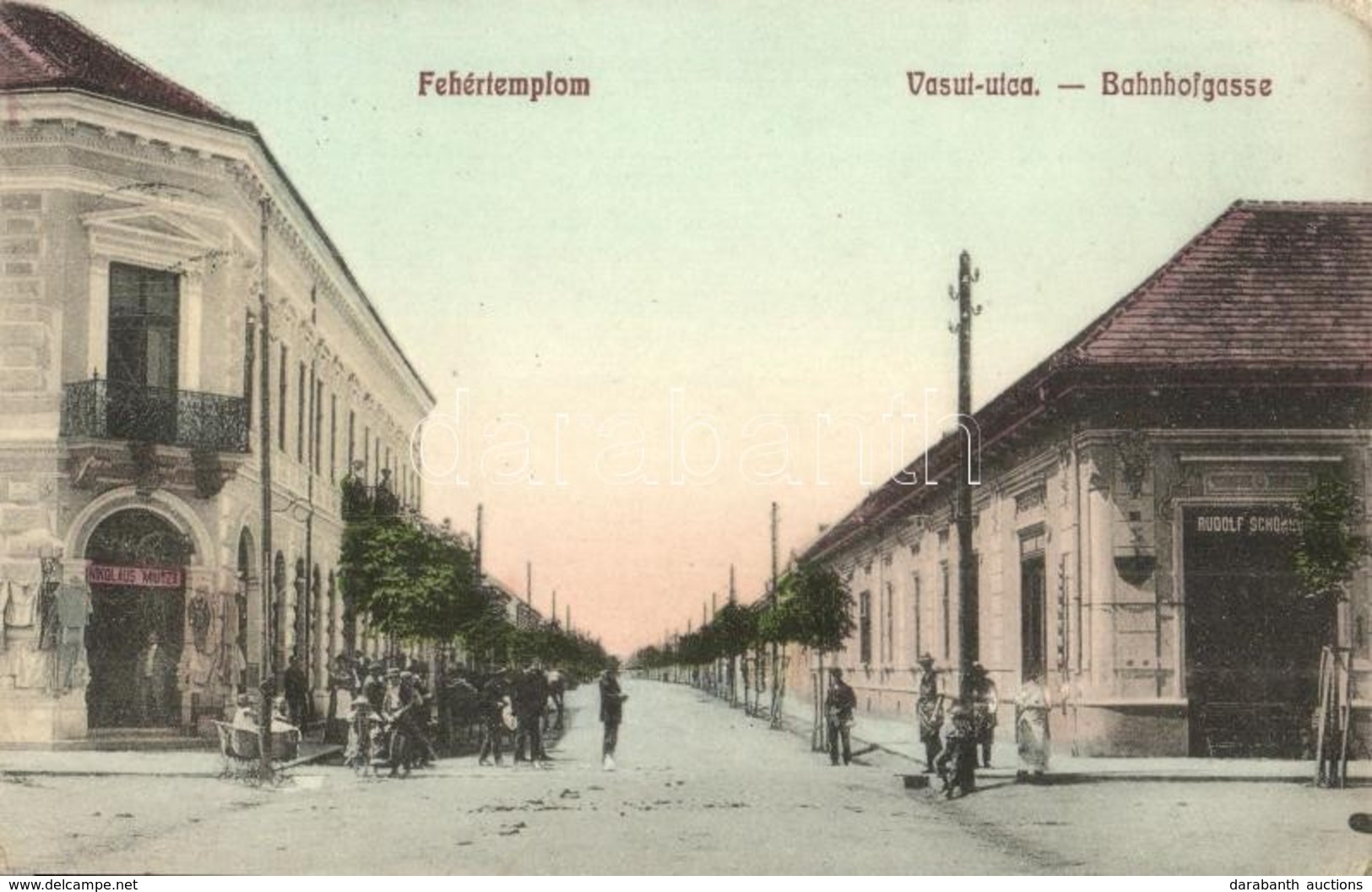 * T2/T3 1912 Fehértemplom, Ung. Weisskirchen, Bela Crkva; Vasút Utca, Nikolaus Miutza és Rudolf Schönborn üzlete / Bahnh - Ohne Zuordnung