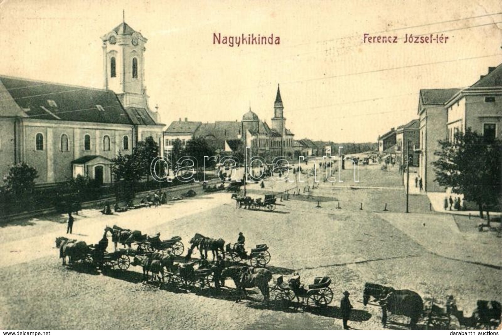 * T2/T3 Nagykikinda, Kikinda; Ferenc József Tér, Lovaskocsik, Templom. W.L. Bp. 2128. / Square, Horse Carts, Church (EK) - Zonder Classificatie