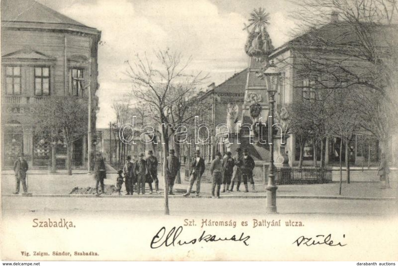 T2/T3 1904 Szabadka, Subotica; Szentháromság Szobor és A Batthyány Utca, Grünbaum Mór üzlete. Kiadja Vig. Zsigmond Sándo - Zonder Classificatie