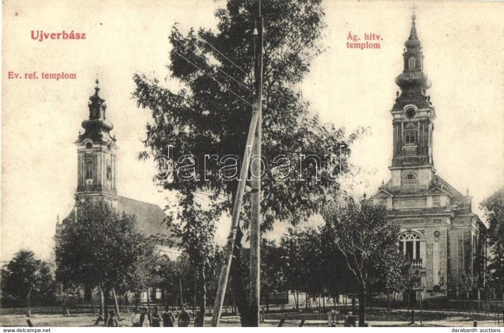 T2 Újverbász, Verbász, Novi Vrbas; Református Templom, Evangélikus Templom. Kiadja Garamszegi Dezső / Calvinist Church,  - Zonder Classificatie