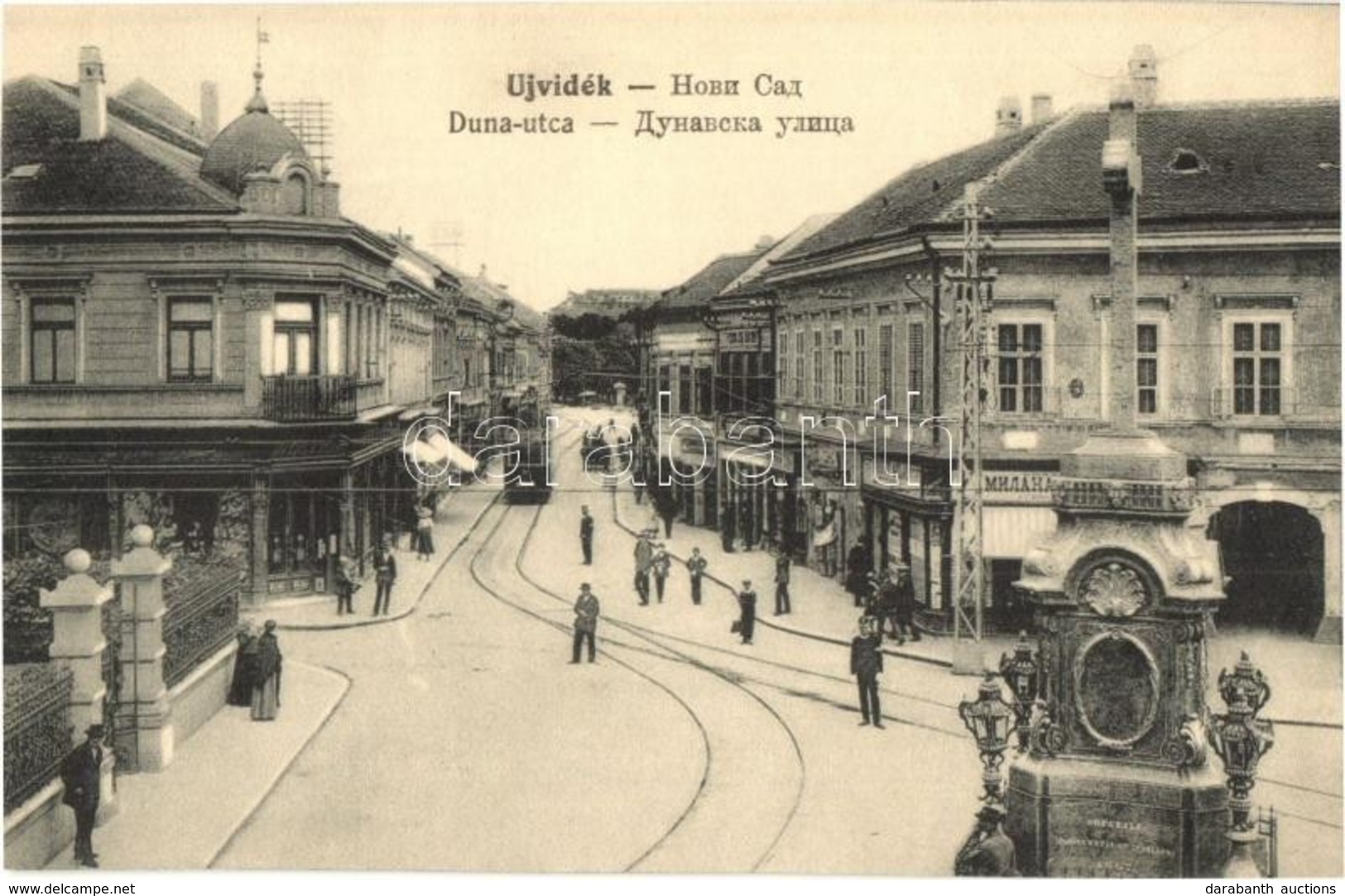 ** T4 Újvidék, Novi Sad; Duna Utca, Villamos, üzletek / Street View, Tram, Shops (vágott / Cut) - Ohne Zuordnung