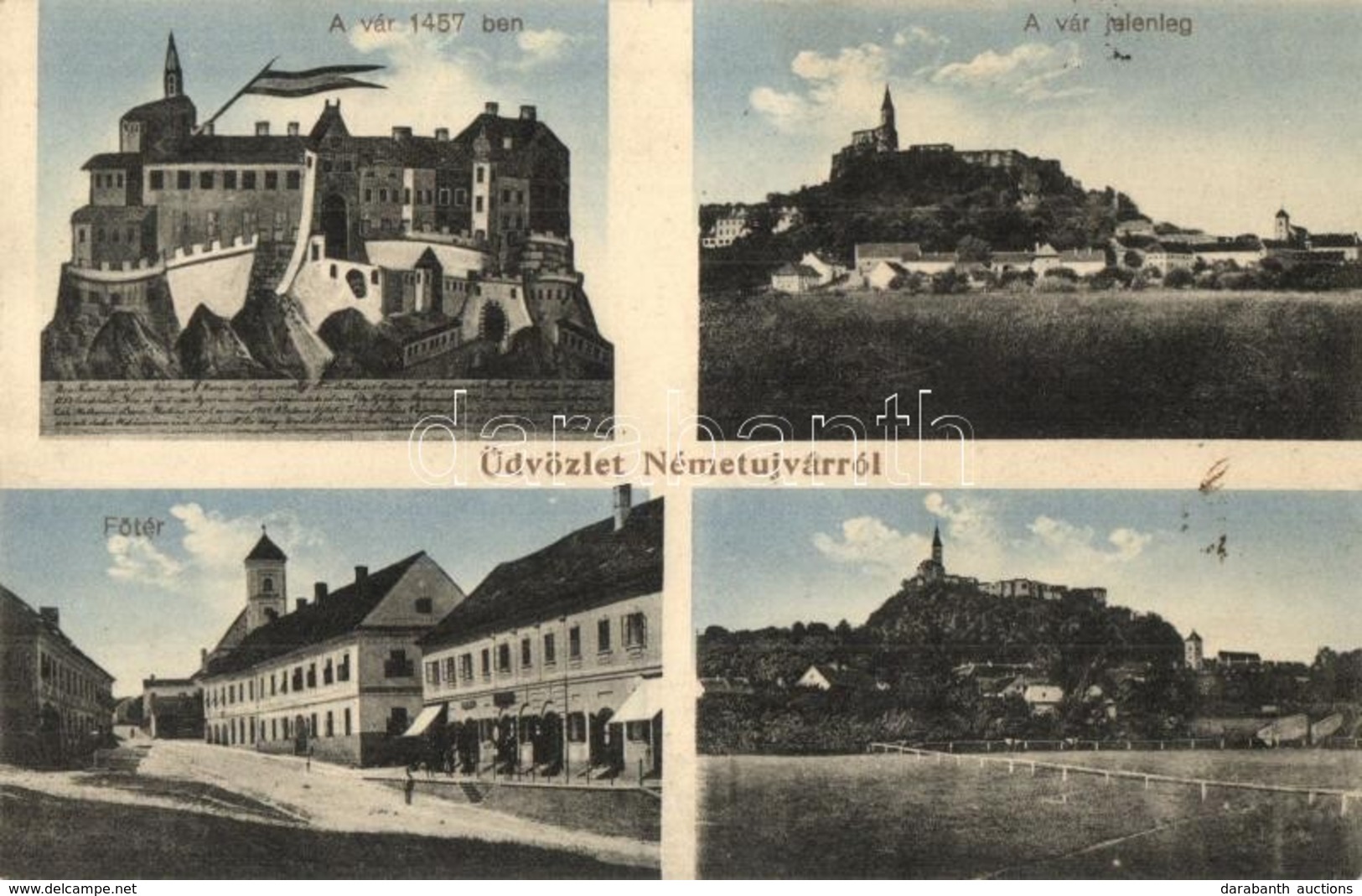 * T2 1914 Németújvár, Güssing; A Vár 1457-ben, A Vár Jelenleg, Fő Tér, üzletek, Templom, Látkép / The Castle In 1457 And - Unclassified