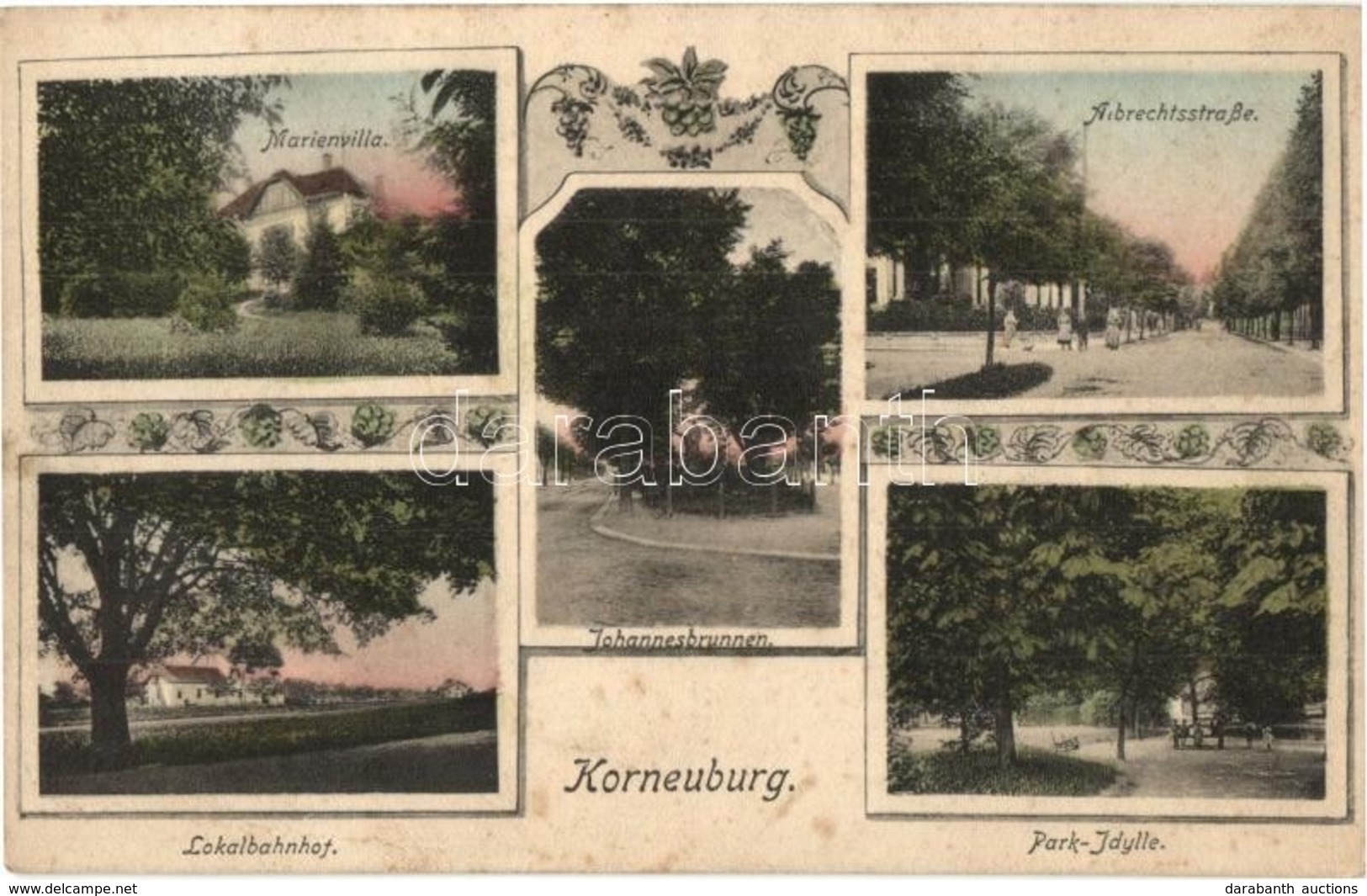 T2/T3 Korneuburg, Marienvilla, Albrechtsstraße, Lokalbahnhof, Park-Idylle, Johannesbrunnen. Verlag Josef Popper / Villa, - Non Classés