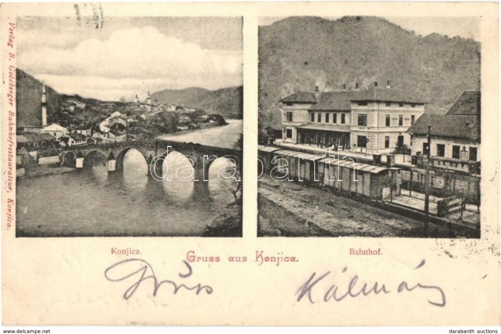 T2 1904 Konjic, Bahnhof / General View, Neretva River Bridge, Mosque, Railway Station, Wagons. B. Goldberger Bahnhofrest - Zonder Classificatie