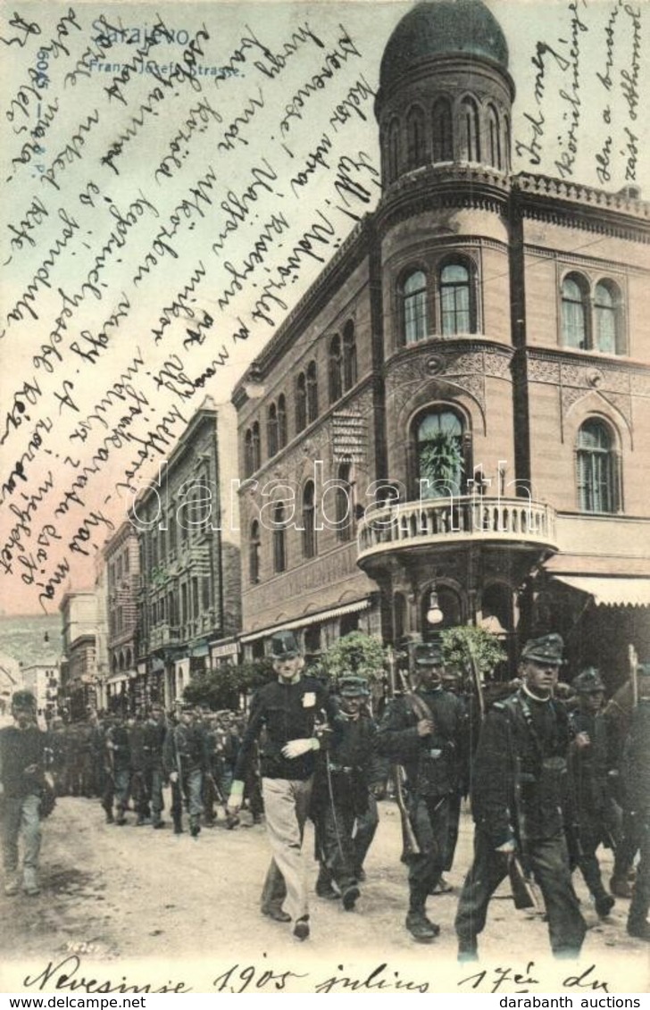 T2 1905 Sarajevo, Franz Josef Strasse / Street View With Soldiers + K.u.K. Milit. Post. Nevesinje - Unclassified