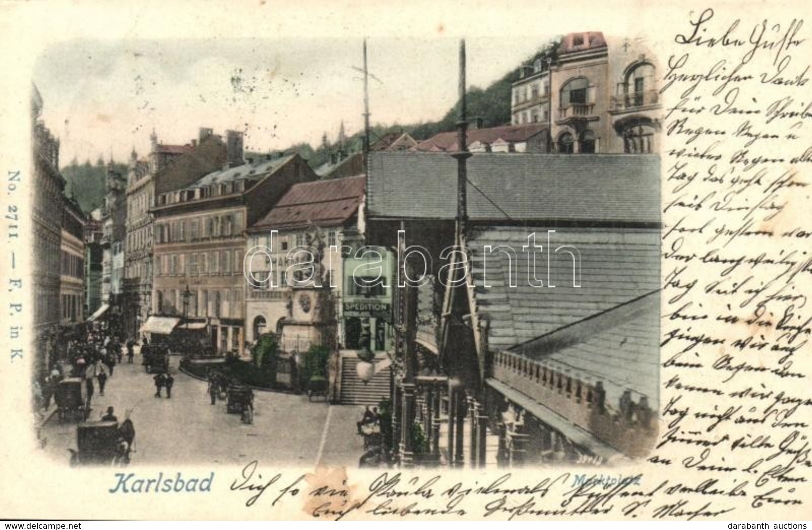 T2 1905 Karlovy Vary, Karlsbad; Marktplatz, Apotheke / Market Square With Shops Of Spediton Schüttner & Seidel, Pharmacy - Ohne Zuordnung