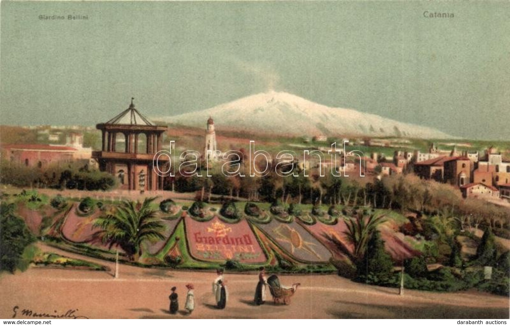 ** T1/T2 Catania, Giardino Bellini, Etna / Villa Bellini, Park, Vulcan, Litho S: Marincelli - Zonder Classificatie