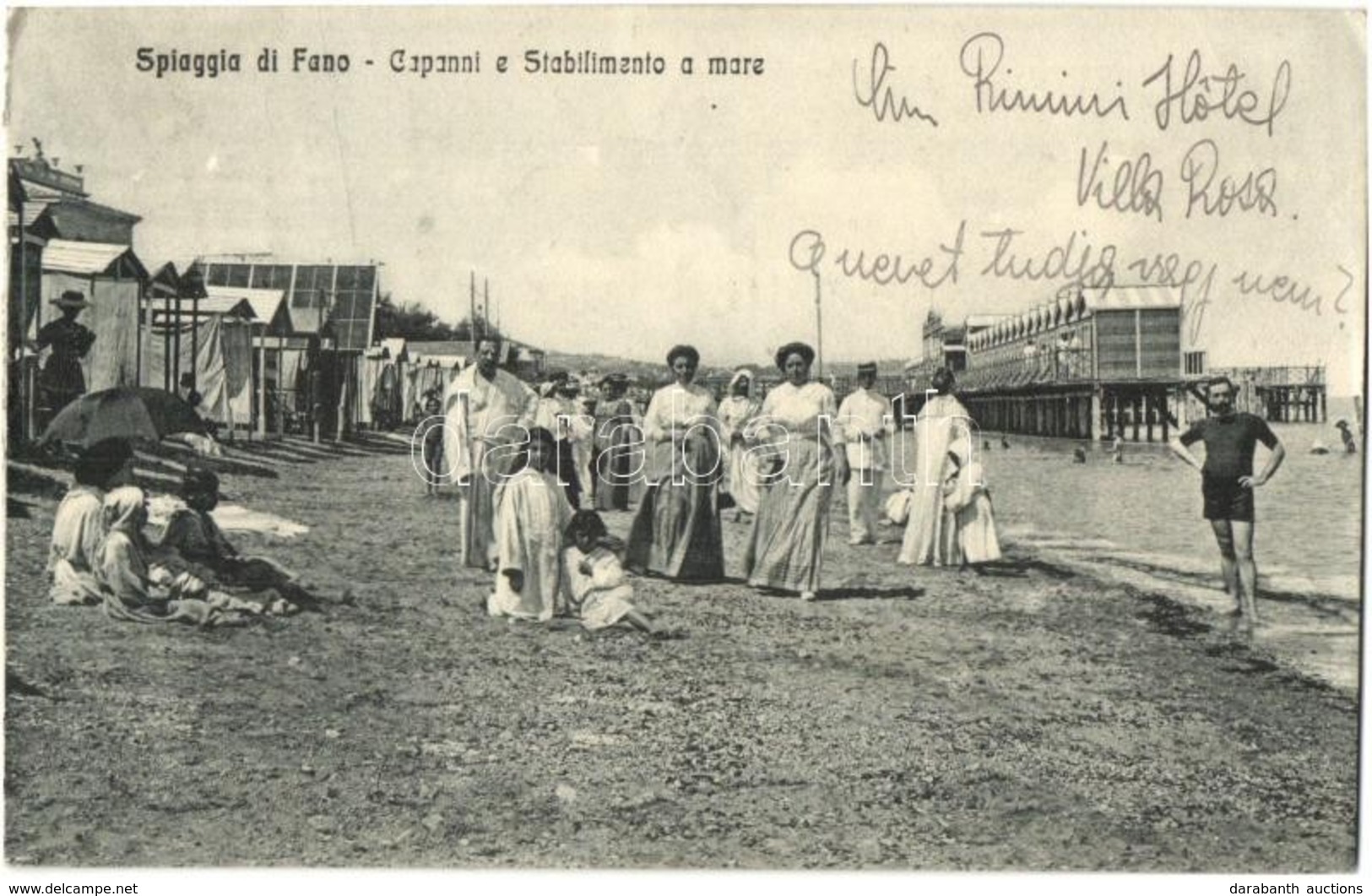 T2/T3 1914 Fano, Spiaggia, Capanni E Stabilimento A Mare / Bathing People, Beach, Sunbathing. Fot. Baviera (kissé ázott  - Ohne Zuordnung