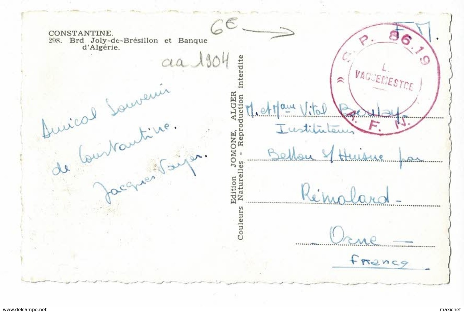 Cachet Double Couronne "S.P. 86.19 - A.F.N. Le Vaguemestre" Circ En FM Sans Date, CP Constantine, Brd Joly De Brésillon - Guerre D'Algérie