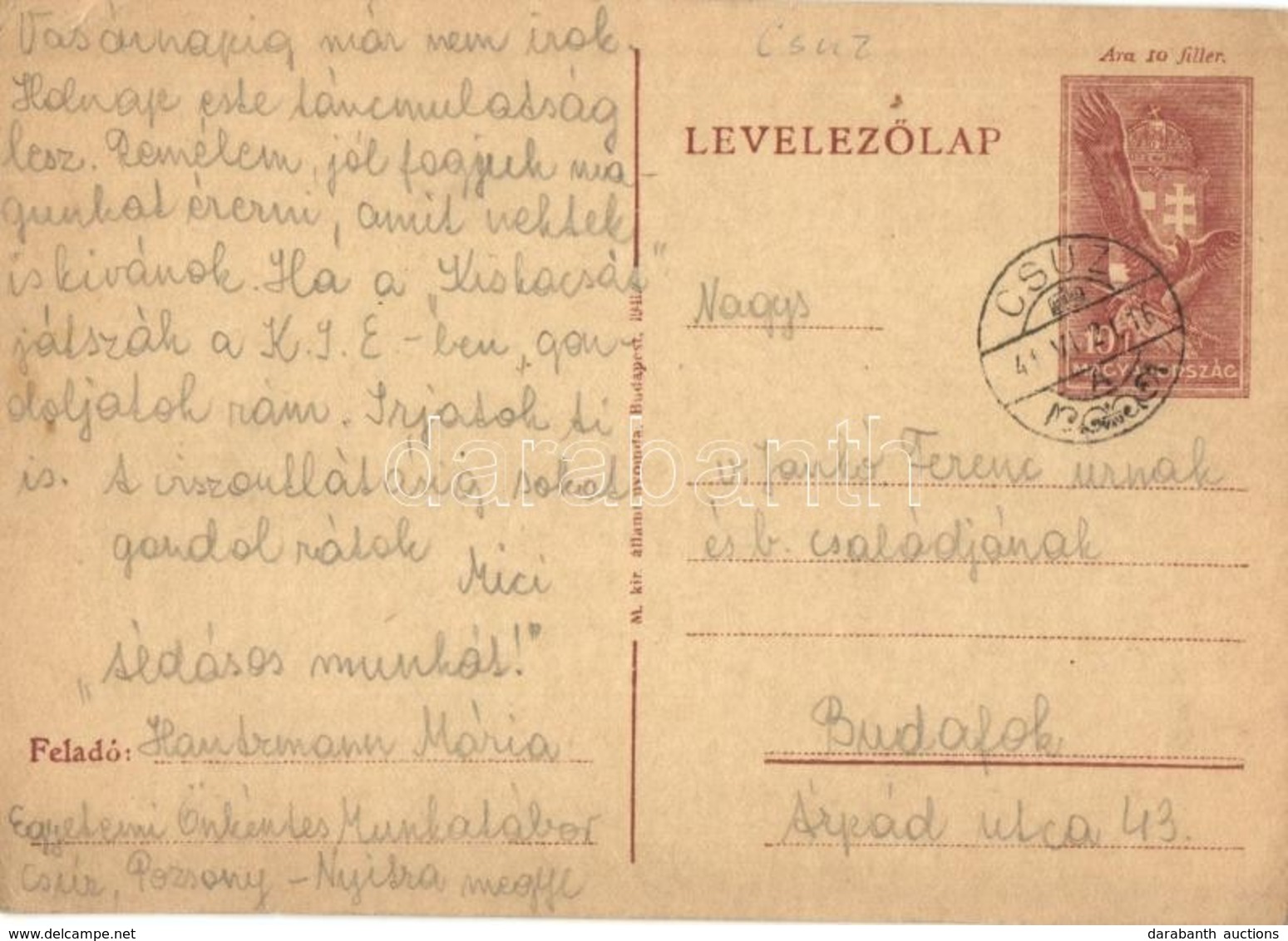 T2/T3 1941 Hautzmann Mária Zsidó KMSZ (közérdekű Munkaszolgálatos) Levele A Csúzi Egyetemi Önkéntes Munkatáborból / WWII - Unclassified