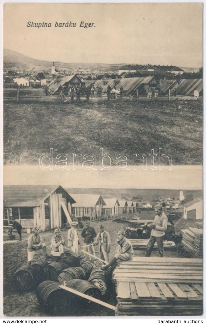 T2 1915 Cheb, Eger; Baraktábor építése A Város Szélén / Skupina Baráku / K.u.K. Military Barracks Construction, Soldiers - Non Classés