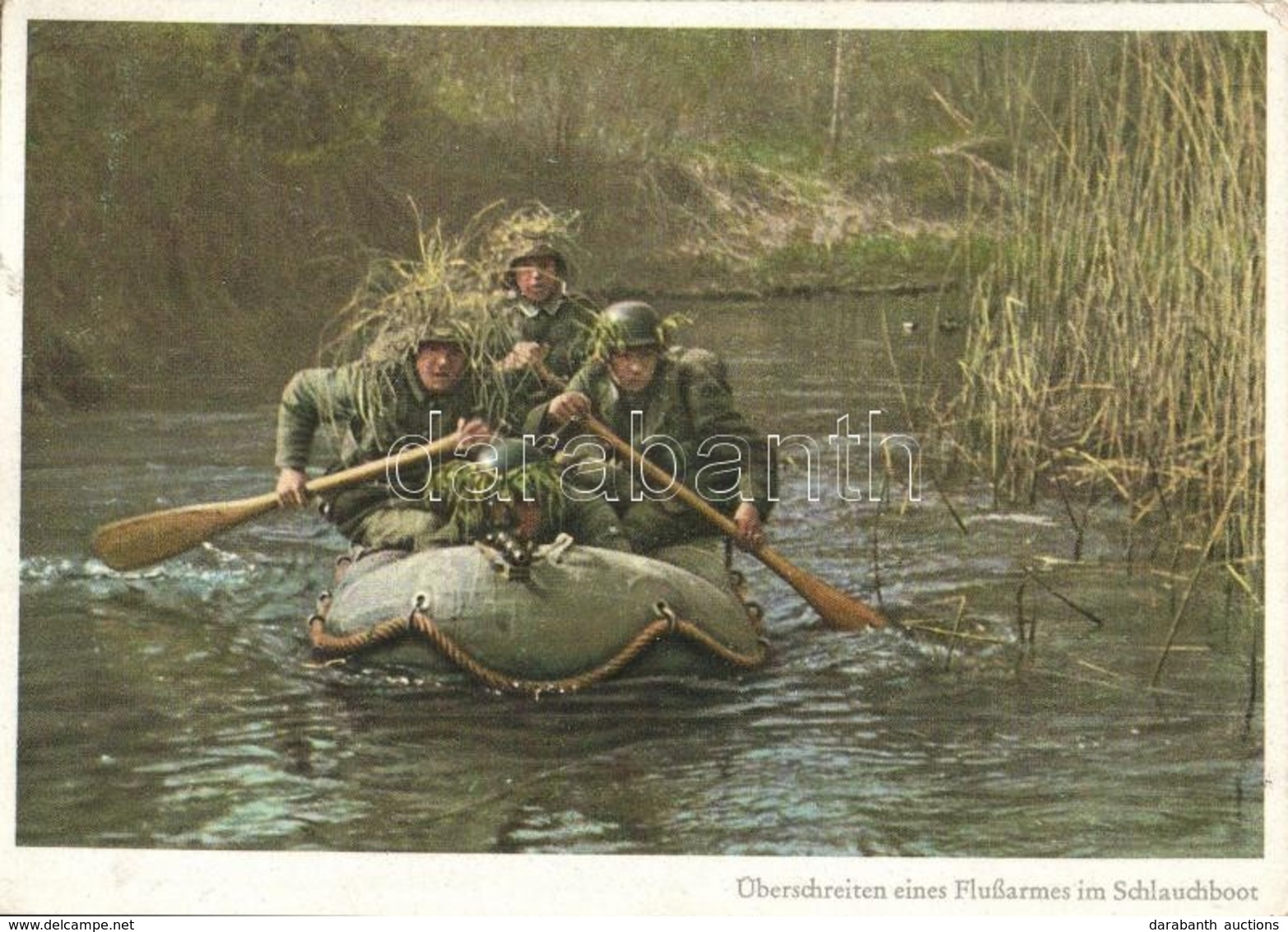 ** T2/T3 Überschreiten Eines Flussarmes Im Schlauchboot. PK-Aufn. Kriegsber. Weber, Carl Werner / WWII German Military,  - Unclassified