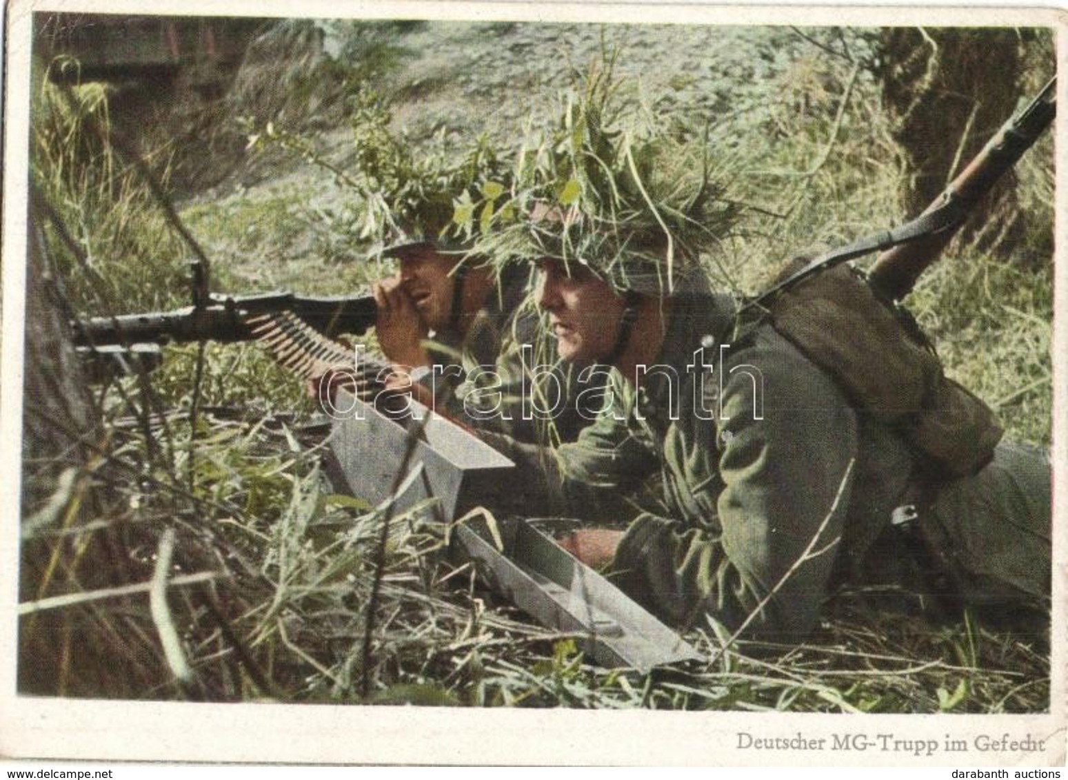 ** T2/T3 Deutscher MG-Trupp Im Gefecht. PK-Aufn. Kriegsber. Weber, Carl Werner / WWII German Military, Camouflage Soldie - Unclassified