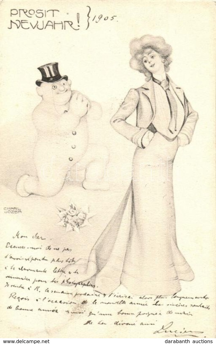 T2 1904 Prosit Neujahr! / New Year Greeting Art Postcard With Lady And Snowman S: Charl Józsa (Józsa Károly) - Zonder Classificatie