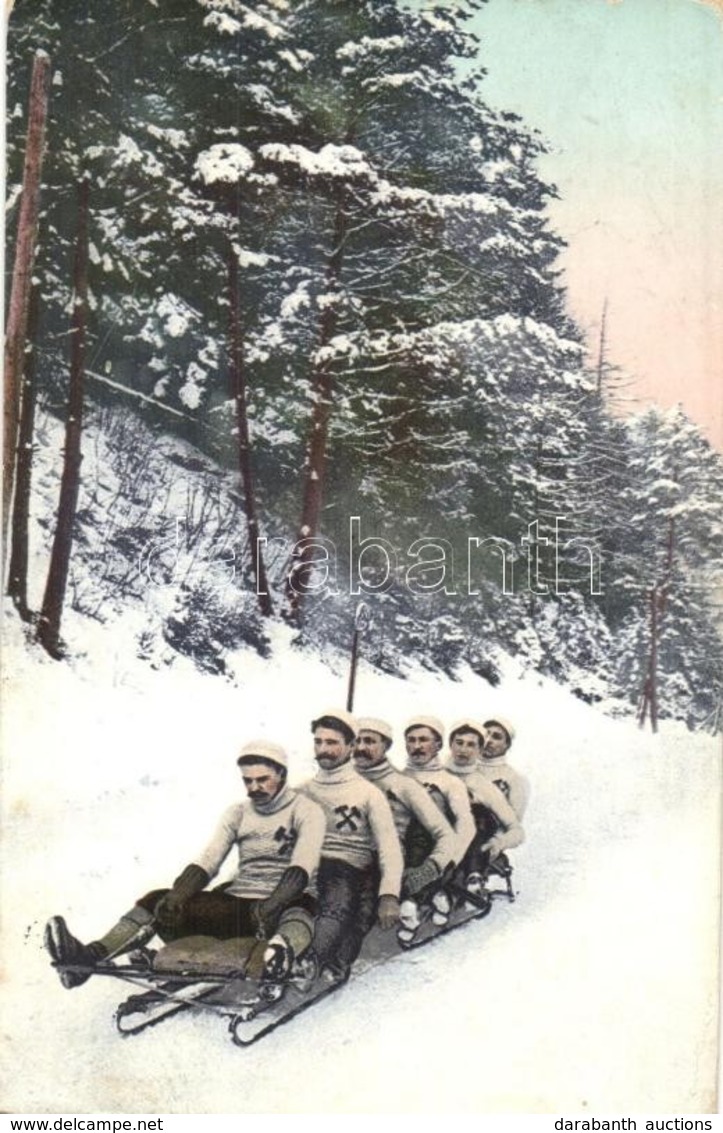 T2/T3 Männergruppe Auf Einem Schlitten, Wintersport / Téli Sport, 6 Személyes Bob, Szánkózók / Winter Sport, Sledding, 6 - Unclassified