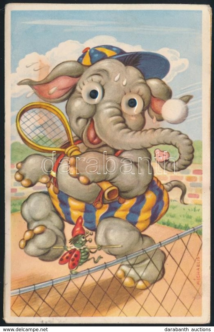 T2 1958 Elephant Playing Tennis With Tennis Racket. Mechanical Postcard With Moving Eyes - Unclassified