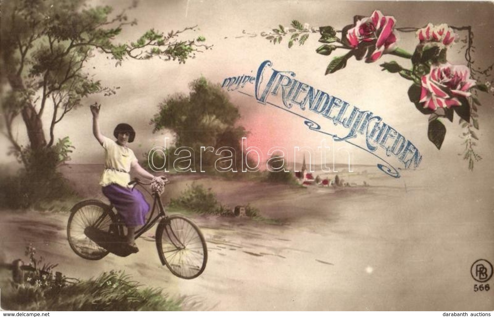 T2 Myne Vriendelijkheden / My Kindnesses. Lady On Bicycle, Greeting Card With Flowers - Unclassified