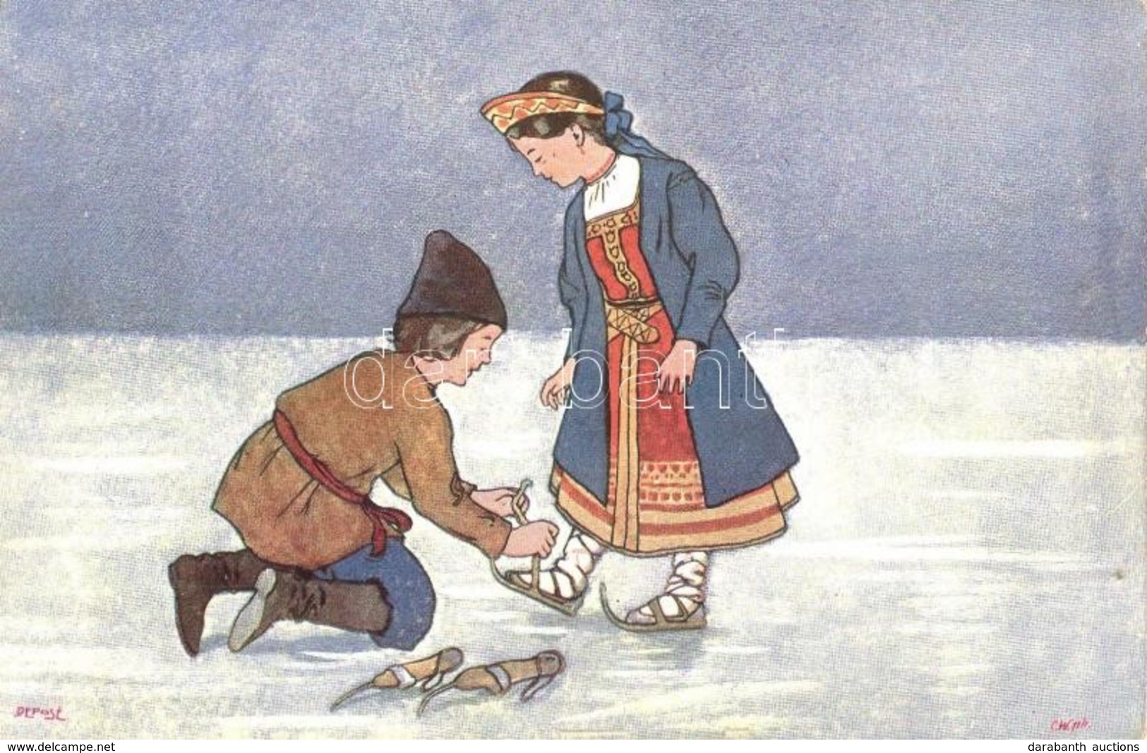 ** T2/T3 Folklore Couple Attaching Ice Skates. Winter Sport. B.K.W.I. 575-5. Hátoldalon Reklám 'Ha Száraz Az Ön Haja Man - Ohne Zuordnung