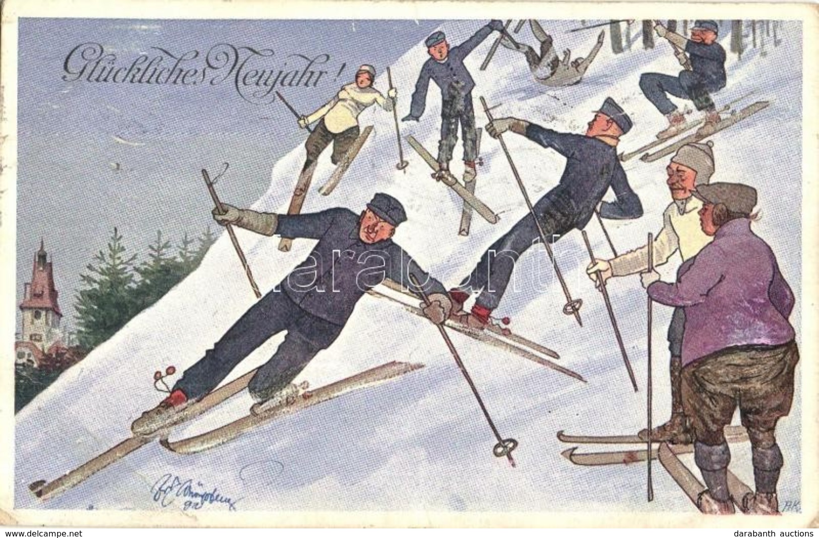 T3 Glückliches Neujahr! / People Skiing, Winter Sport, Humour. B.K.W.I. 820-3. S: Fritz Schönpflug (EB) - Unclassified