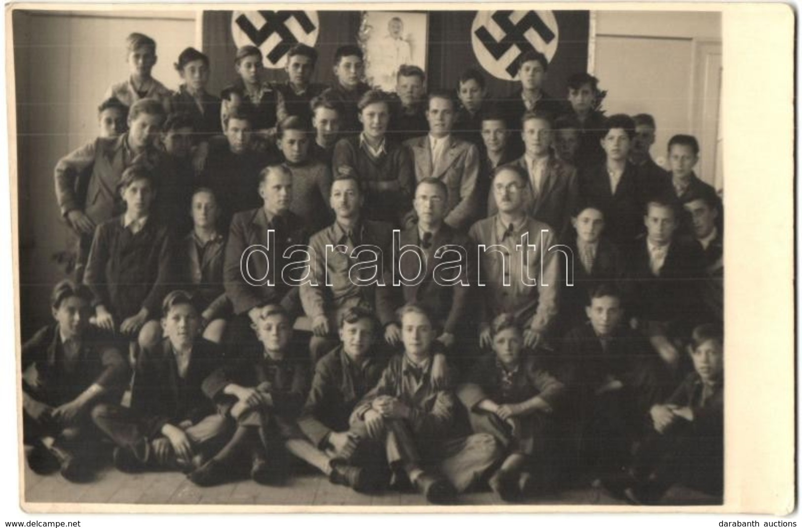 ** T2 Third Reich-era School Class, Swastika Flags In The Background, Photo - Zonder Classificatie