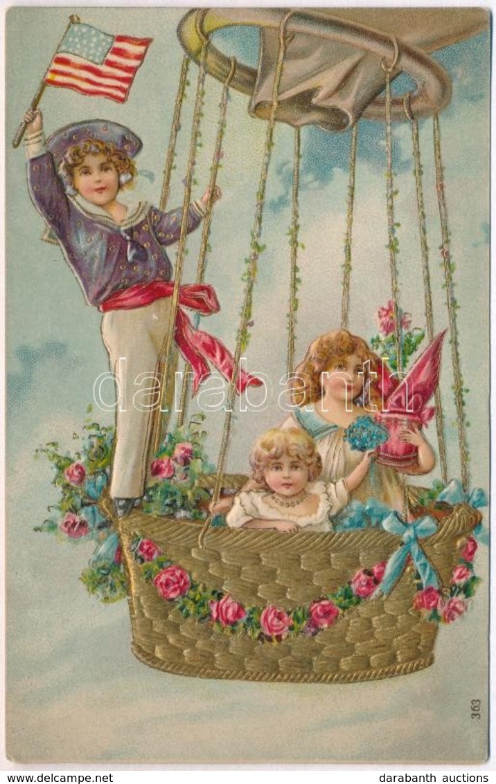* T2 Children In An Airship. American Flag Greeting Card, Golden Emb. Litho - Unclassified