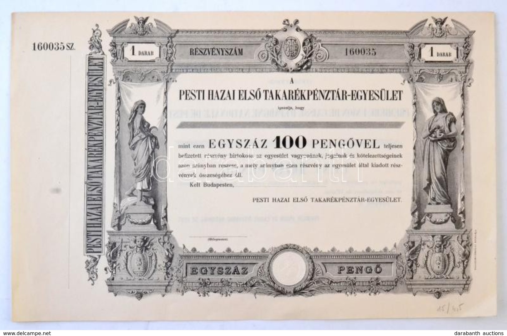 Budapest ~1930. 'Pesti Hazai Első Takarékpénztár-Egyesület' Részvénye 100P-ről, Kitöltetlen, Szárazpecséttel, Vízjeles P - Non Classés