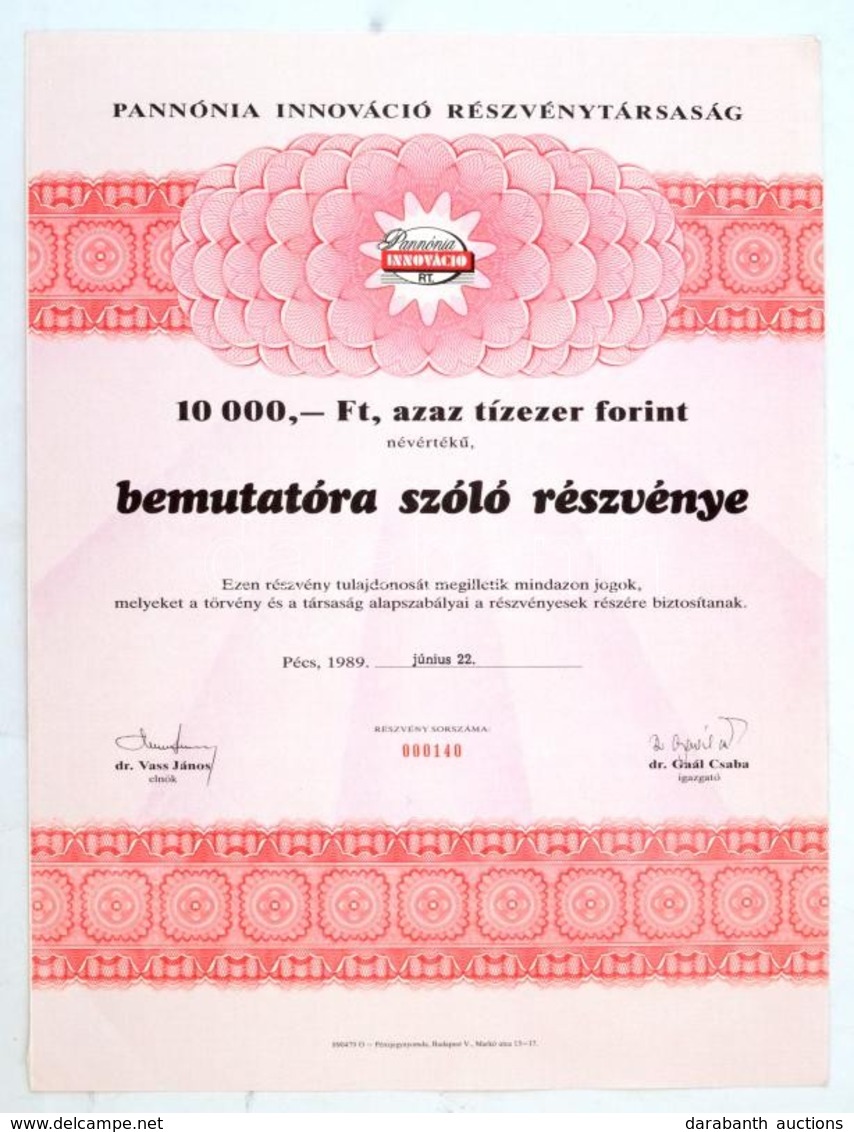 Pécs 1989. 'Pannónia Innováció Részvénytársaság' Bemutatóra Szóló Részvénye 10.000Ft-ról, Szelvényekkel T:I,I- - Unclassified