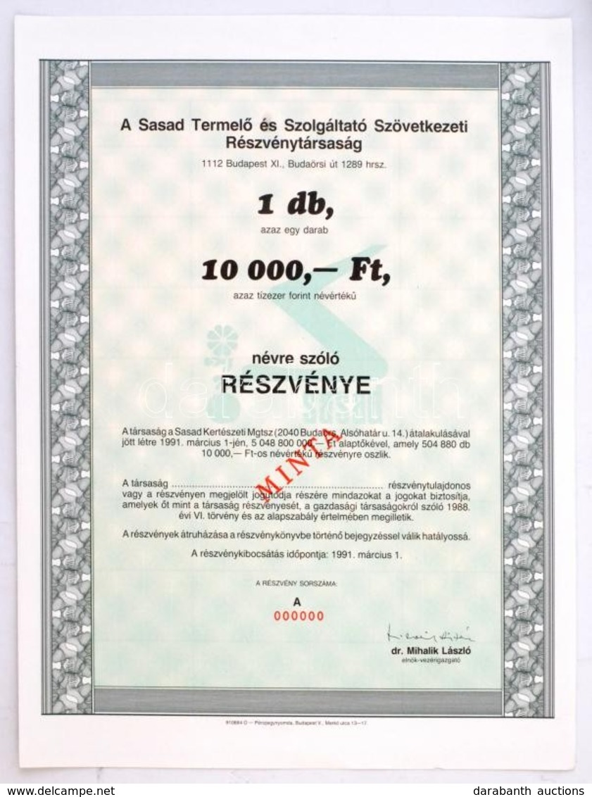 Budapest 1991. 'Sasad Termelő és Szolgáltató Szövetkezeti Részvénytársaság' Névre Szóló Részvénye 10.000Ft-ról, Szelvény - Non Classés