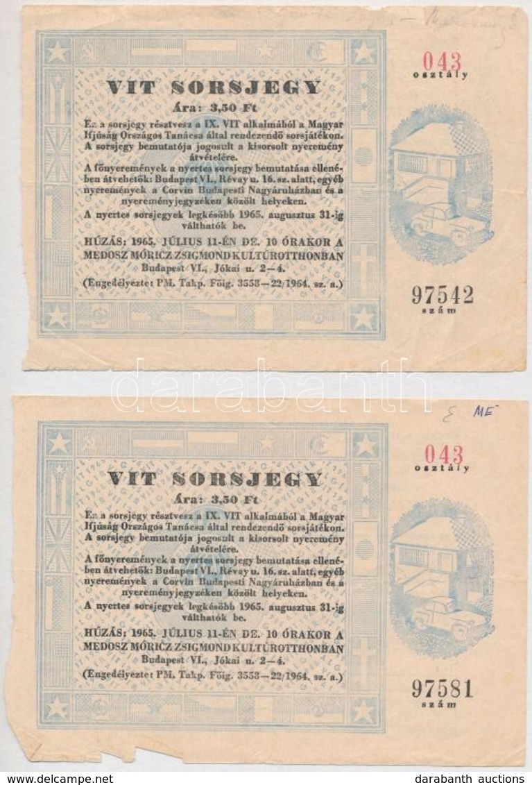 Budapest 1965. 'VIT' Sorsjegy 3,5Ft értékében (2x) T:II-,III Szakadások - Unclassified