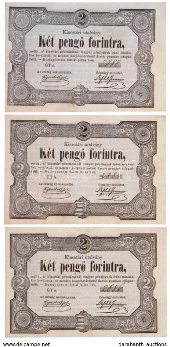 1849. 2Ft 'Kossuth Bankó' (3x) 'GT H. 2884', 'GT N. 2886', 'GT E. 2888' Egyik Látványosan Vágáshibás T:I,I-
Hungary 1849 - Zonder Classificatie