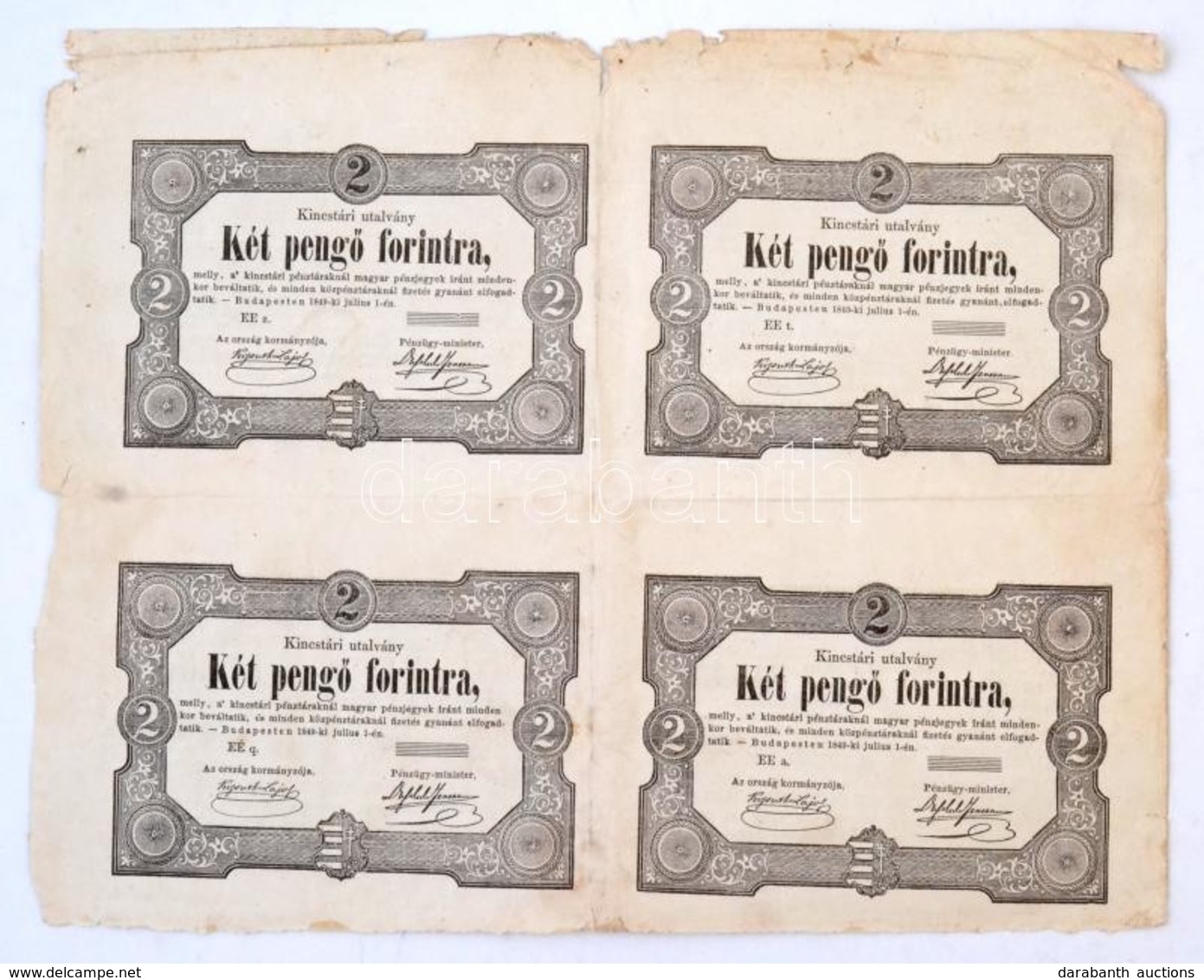 1849. 2Ft 'Kossuth Bankó' (4x) Négyes ívben T:III,III- Szakadások Széleken, Kis Ly.
Hungary 1849. 2 Forint 'Kossuth Bank - Zonder Classificatie