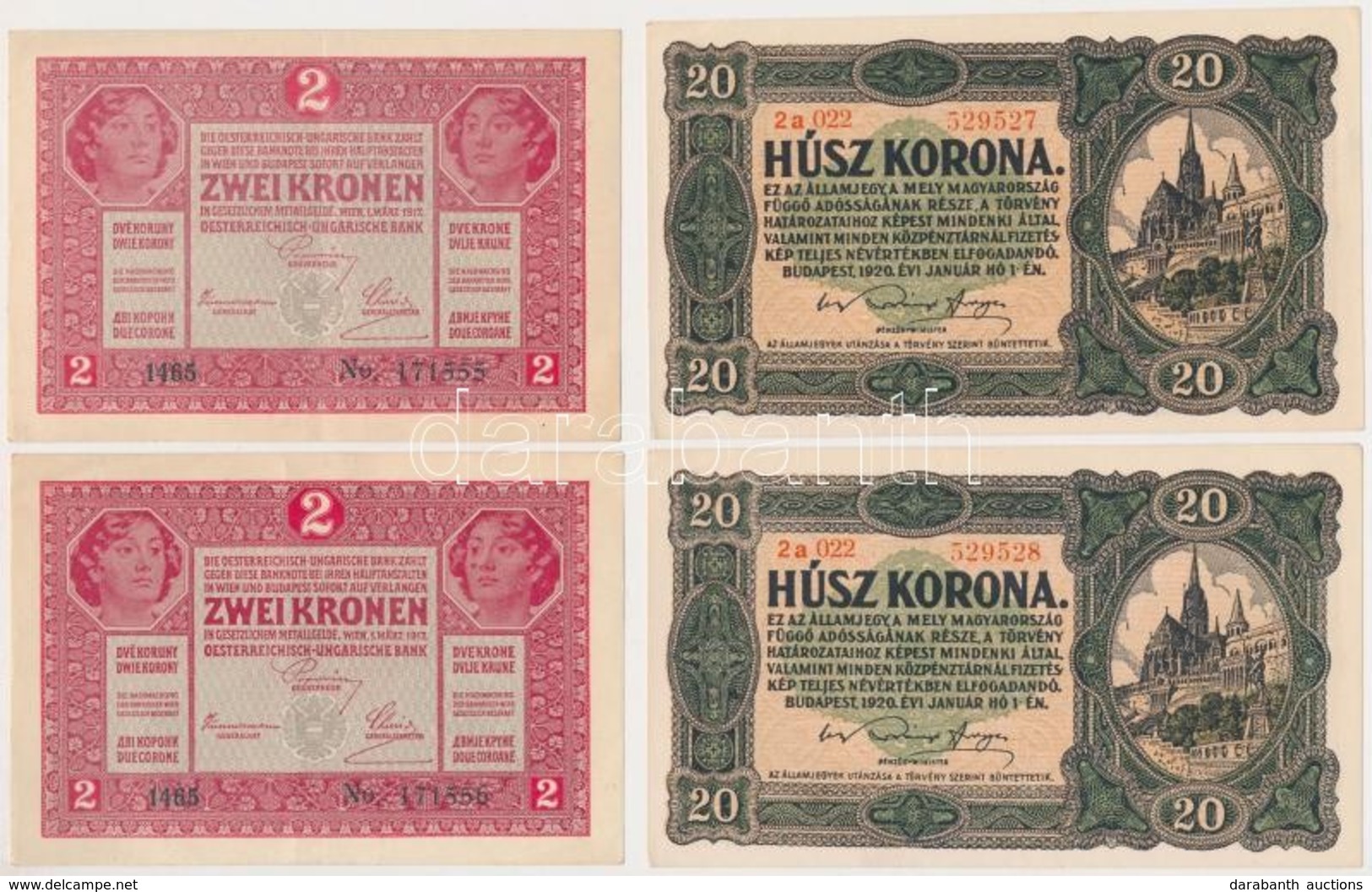 1917. 2K (2x) Sorszámkövetők + 1920. 20K (2x) Sorszámkövetők T:II,I- - Unclassified