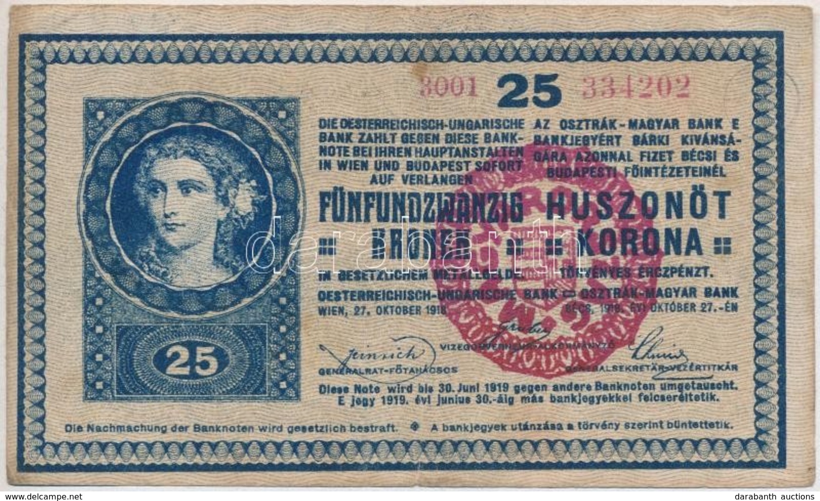 1918. 25K '3001' 3mm, Hullámos Hátlappal, Hamis 'MAGYARORSZÁG' Felülbélyegzéssel (fake Overprint) T:III - Non Classés