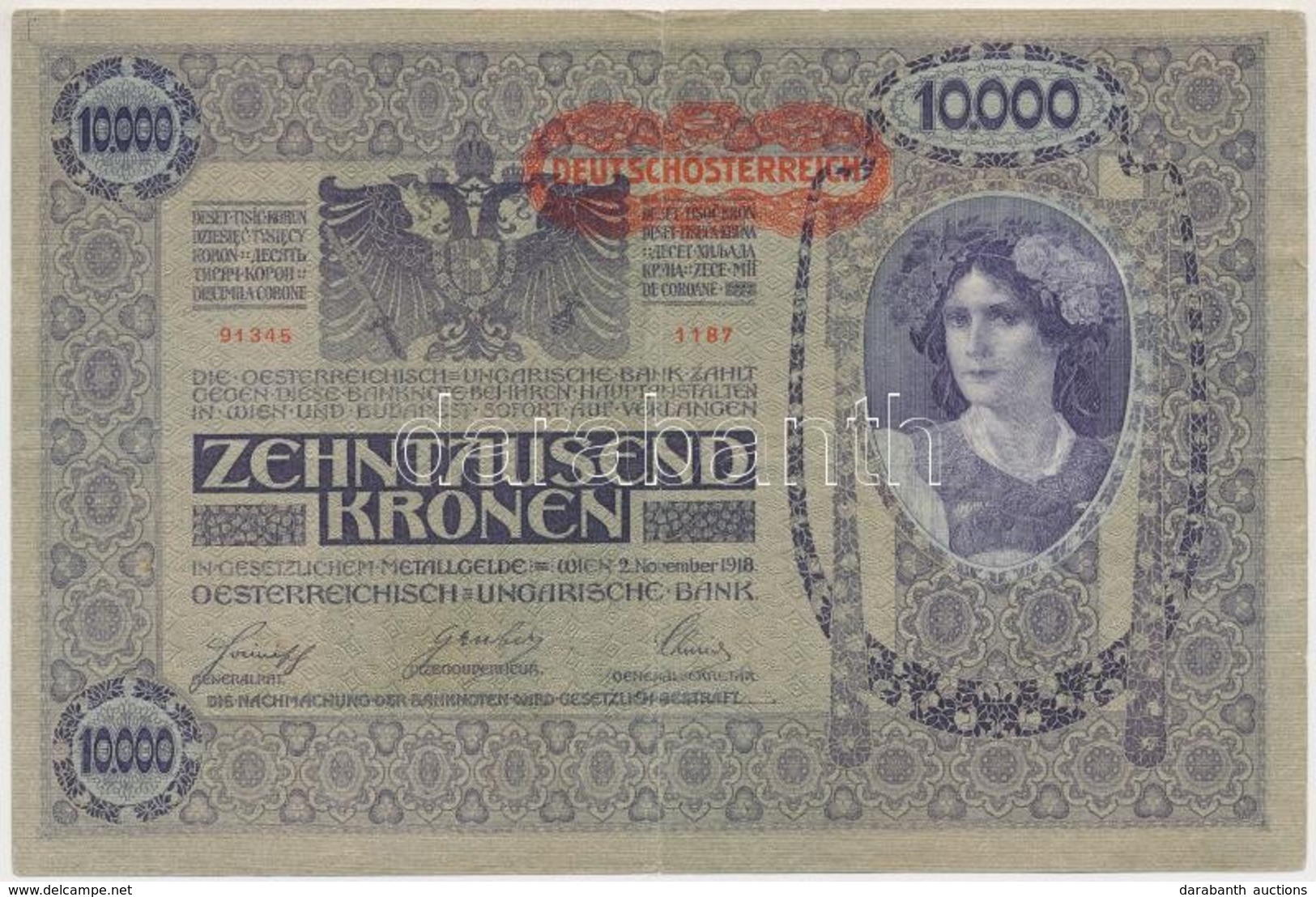 1918. 10.000K Hátlap Rajzos, 'DEUTSCHÖSTERREICH' Felülbélyegzéssel T:III - Unclassified