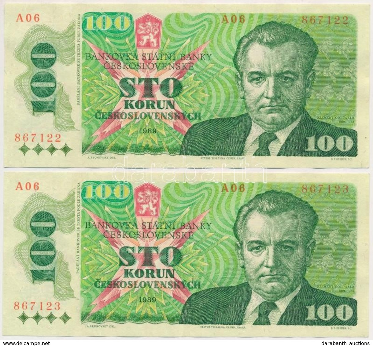 Csehszlovákia 1989. 100K (2x) Sorszámkövetők T:II
Czechoslovakia 1989. 100 Korun (2x) Sequential Serials C:XF
Krause 97 - Non Classés