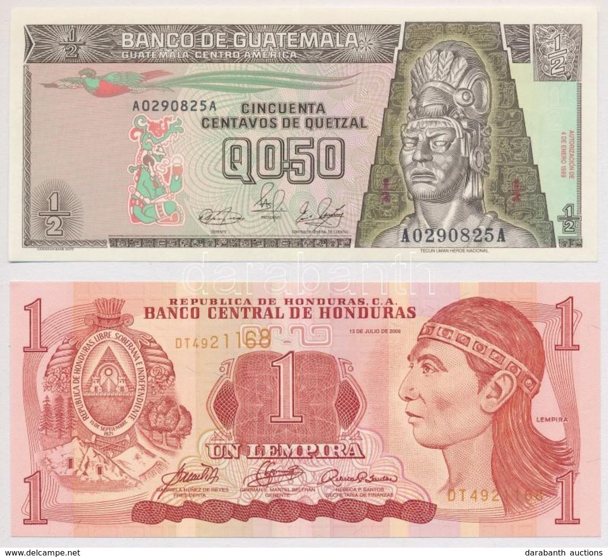 Guatemala 1989-1992. 1/2Q + Honduras 2006. 1L T:I 
Guatemala 1989-1992. 1/2 Quetzal + Honduras 2006. 1 Lempira C:UNC - Non Classés