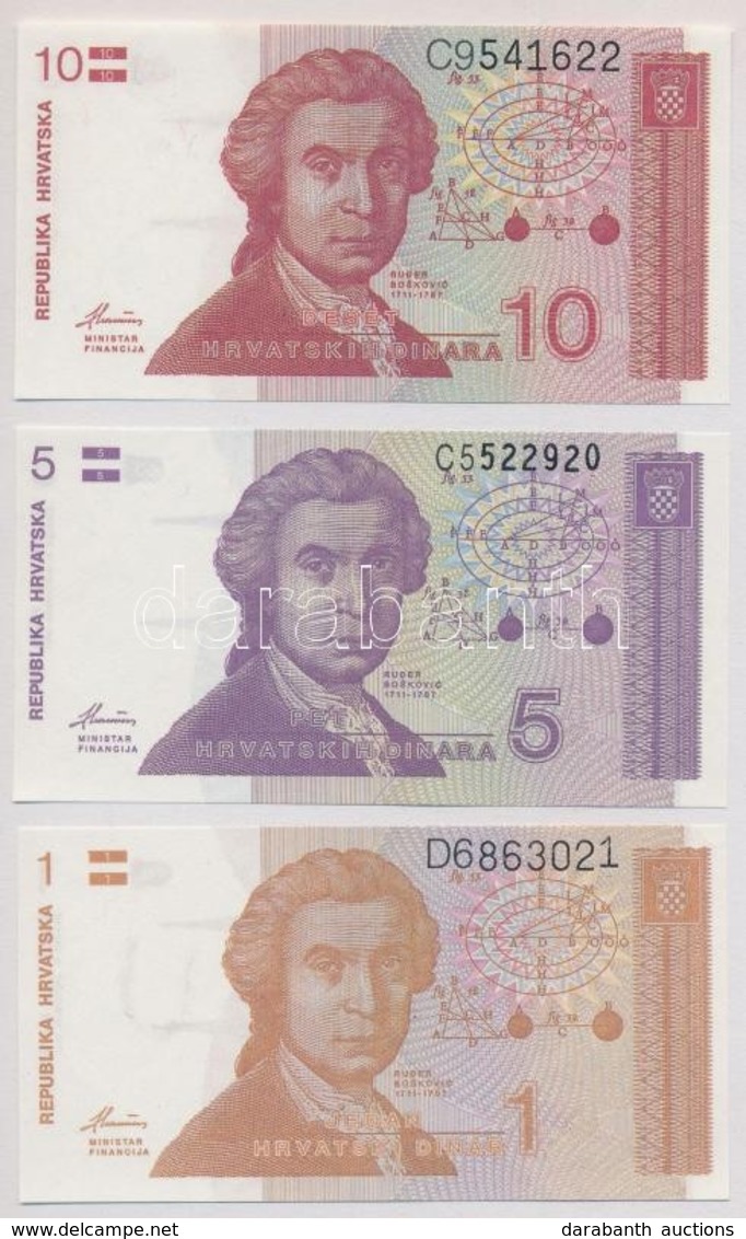 Horvátország 1991. 1D + 5D + 10D T:I
Croatia 1991. 1 Dinar + 5 Dinara + 10 Dinara C:UNC - Non Classés