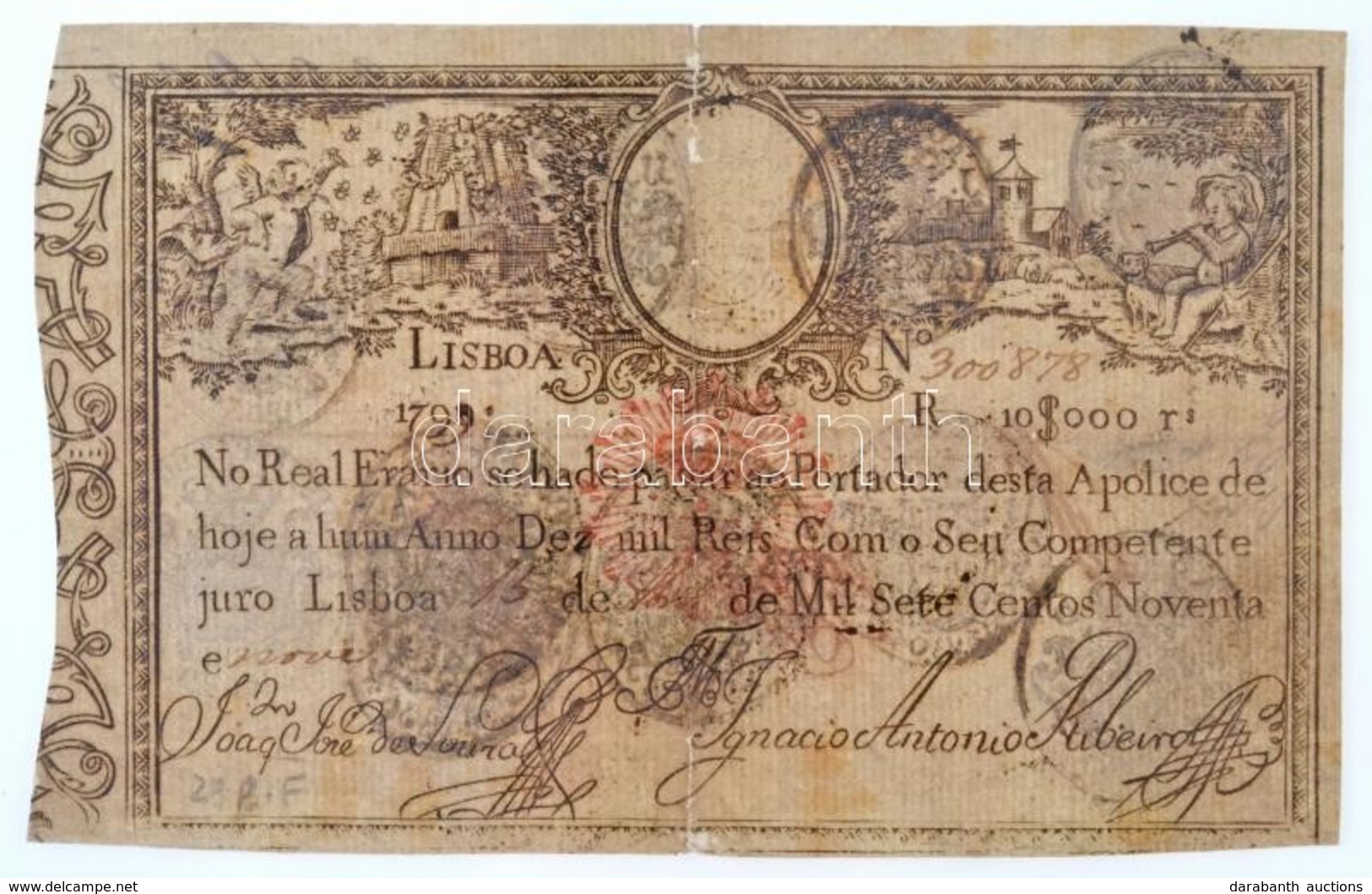 Portugália 1799. 10.000R Kézzel írt Utolsó Számjegy A Dátumban T:IV Ragasztva,restaurált
Portugal 1799. 10.000 Reis Hand - Non Classés