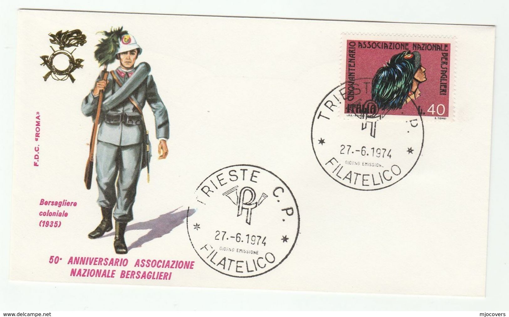 1974 Trieste ITALY FDC BERSAGLIERI Army 1935 UNIFORM Cover Military Forces Stamps - Militaria