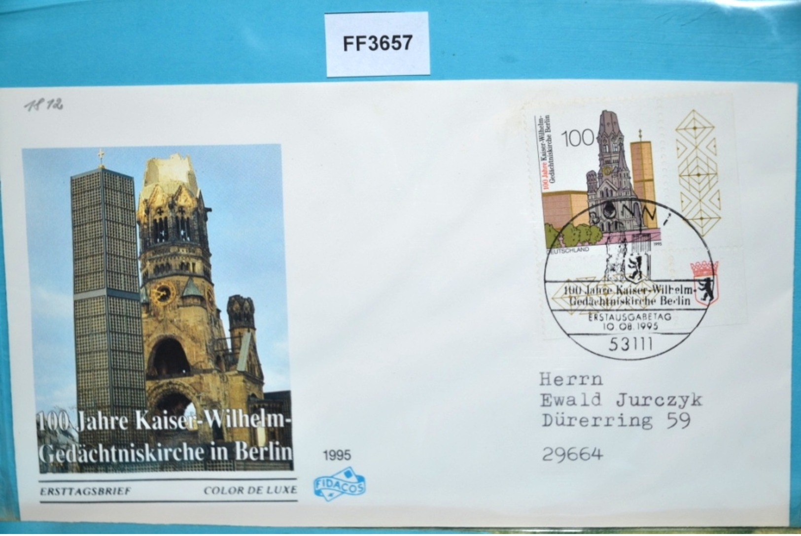 FF3657 FDC 100 Jahre Kaiser-Wilhelm-Gedächtniskirche, Kirche, DE 1995 - Autres & Non Classés