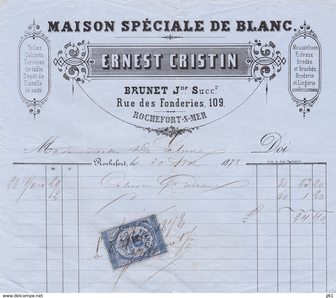 ROCHEFORT SUR MER ERNEST CRISTIN MAISON SPECIALE BLANC CALICOTS FLANELLE DE SANTE MOUSSELINE RIDEAUX BROCHES ANNEE 1878 - Autres & Non Classés