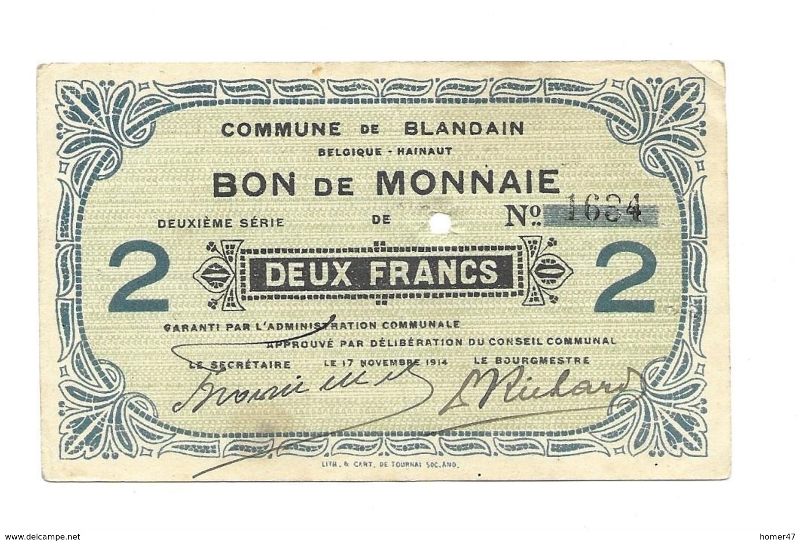 Noodgeld - Blandain - Argent De Nécessité - 1914 - 2 Fr - 1-2 Francs