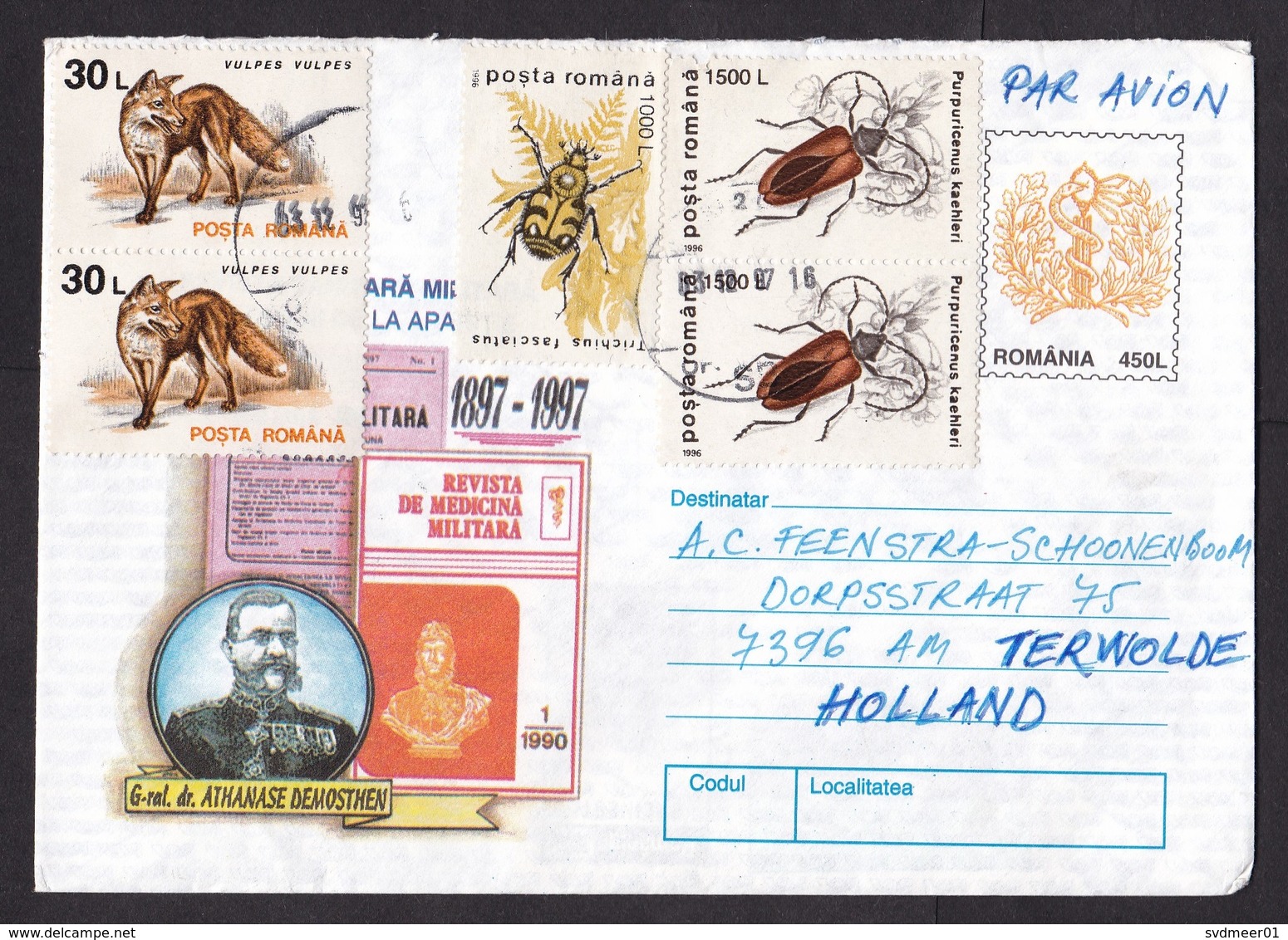 Romania: Stationery Cover To Netherlands, 1997, 5 Extra Stamps, Asclepius, Medicine, Beatle, Insect, Fox (minor Damage) - Lettres & Documents